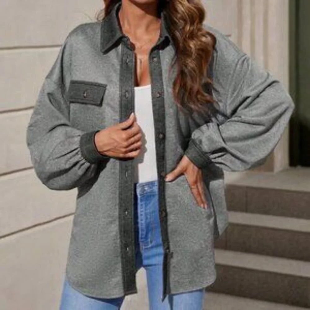 Grey Casual Womens Drop Shoulder Flap Pocket Contrast Trim Coat - Picture 4 of 5